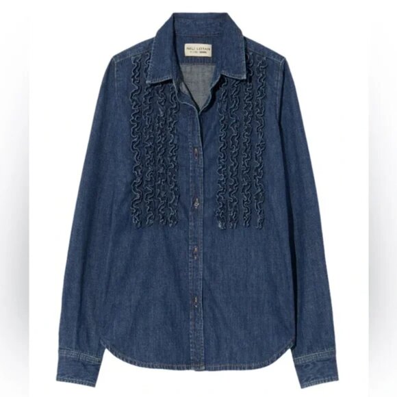 NWT Nili Lotan Lexa Denim Ruffle Shirt, Size Medium - Picture 1 of 10